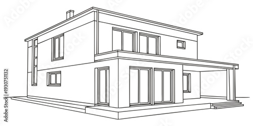 Modern architectural design of a two-story house with large windows and a flat roof.
