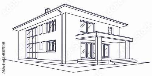 Modern two-story house with large windows and a welcoming porch.