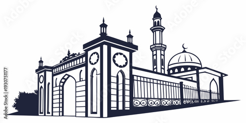 Intricate architectural design of a mosque with domes and minarets.