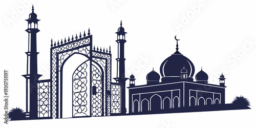 Majestic mosque with intricate architecture and grand entrance gate