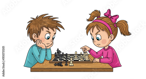 Two children intensely focused while playing a game of chess together