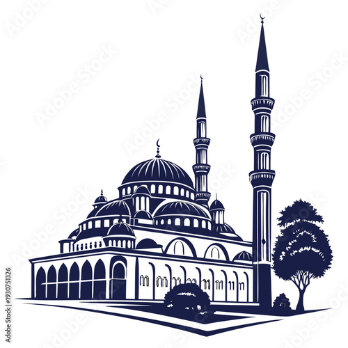 Intricate architectural design of a mosque with domes and minarets