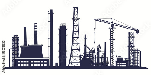 Diverse industrial landscape with various factories and construction equipment.