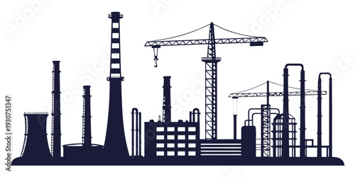 Industrial cityscape with smokestacks and construction cranes at dusk