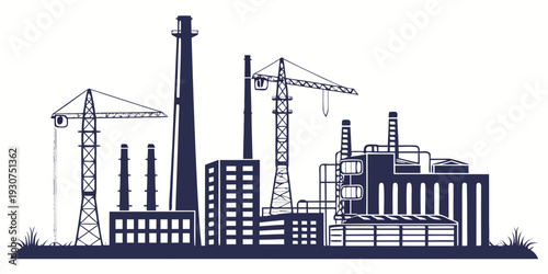 Industrial landscape with towering cranes and factories under construction.