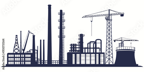 Industrial landscape featuring various factories and construction equipment
