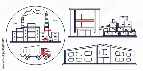 A diverse set of industrial buildings and transportation vehicles in a cityscape.