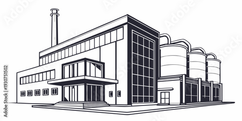 A detailed illustration of a large industrial building with multiple sections and a prominent chimney