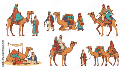 Middle eastern people and camels in a cartoon style illustration