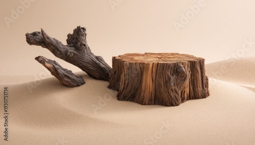 Composition of a wooden stump, driftwood, and soft, sandy terrain against a neutral backdrop
