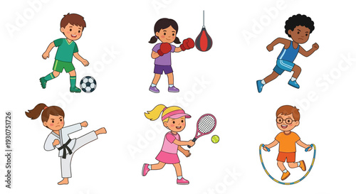 Cartoon illustration of children engaged in various athletic activities