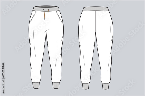 mens drawstring waist pant  technical fashion template. flat sketch man jogger pant, drawstring, pockets, cad mockup,  elastic cuffs for garment design flats.