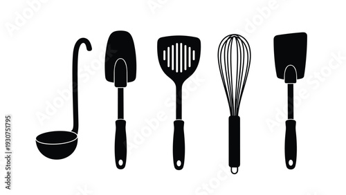 Set of five black silhouettes representing common kitchen utensils like a ladle spatula whisk and turner used for food preparation.