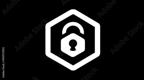White geometric open lock icon nested inside a white hexagonal shape on a black background
