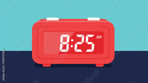 Red digital alarm clock rests on a dark blue surface displaying the time as eight twenty-five in the morning against a teal wall.
