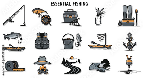 Essential Fishing Icons: Rod, Reel, Tackle Box, Boat, Anchor, and More for Outdoor Recreation and Hobbies
