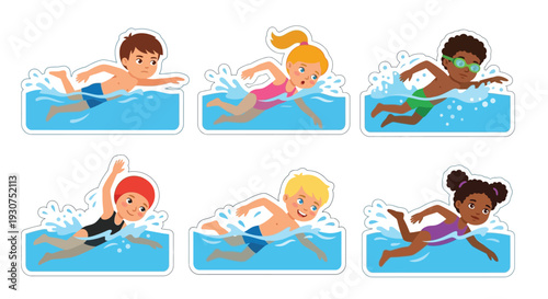 Cartoon illustration of six children swimming freestyle in blue water