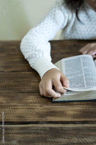 Woman Reading Holy Bible on Wooden Table, Christian Faith and Spiritual Devotion Concept