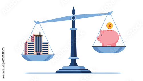 Financial balance scale comparing corporate real estate investment represented by an office building and personal savings shown by a piggy bank.