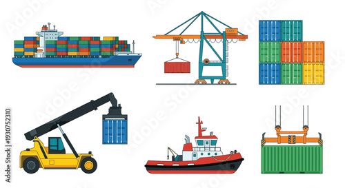 Cargo ship cranes and tugboat illustration depicting maritime transport