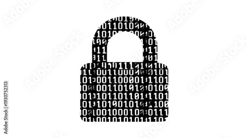 A black and white depiction of a padlock overlaid with binary code against a plain white background