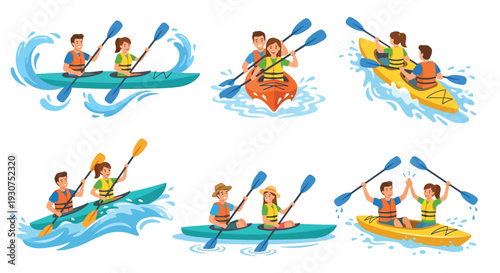 People enjoying kayaking and canoeing in colorful boats with paddles