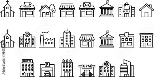 City Buildings and Public Places Line Icons Set with Church, Hospital, Hotel, Mall, Gym, Factory and Commercial Architecture Concepts