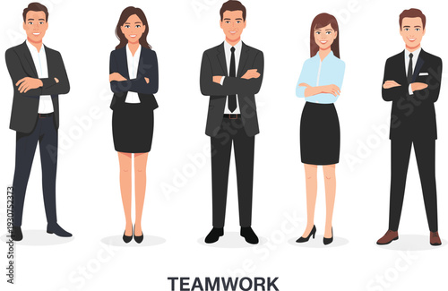 Illustration of five business professionals standing confidently with arms crossed, symbolizing teamwork, unity, collaboration, and success, perfect for corporate branding, HR, 