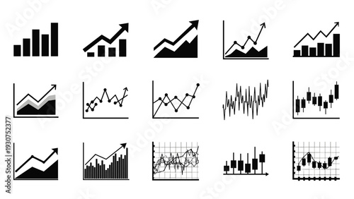 Large collection of financial data visualizations including bar charts and line graphs showing various upward trends and market fluctuations.