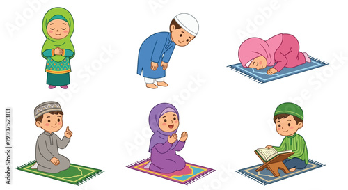 Muslim children praying and reading the quran on prayer rugs