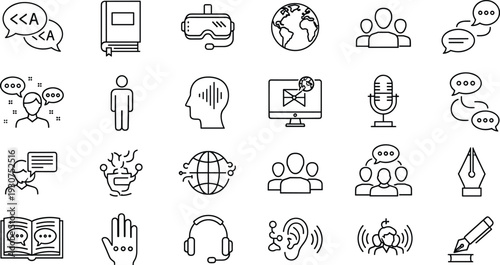 Communication and Customer Support Line Icons Set with Chat, Voice Message, Podcast, Email, Team Discussion and Global Networking Concepts