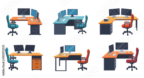 Colorful illustration of six modern computer workstations with various setups