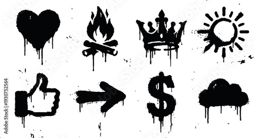 Graffiti icons set, collection of heart, bonfire, crown, and sun symbols with urban spray paint drips and ink splatters.