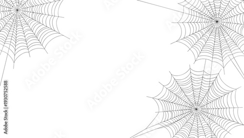 Triple spider web graphics of varying intricate patterns placed in the corners of a solid white space for halloween or scary themes.