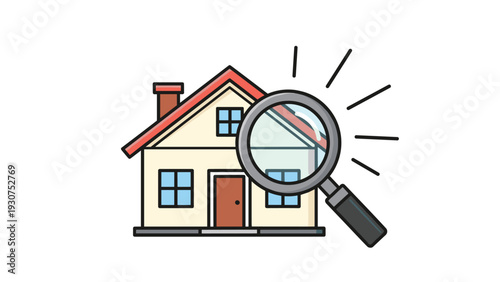 Large magnifying glass focusing on a small suburban house with a red roof on a white background to represent real estate search and inspection.