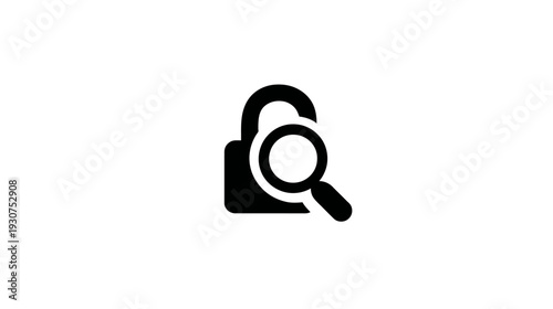Black graphic of an unlocked padlock overlaid with a magnifying glass, set against a white background