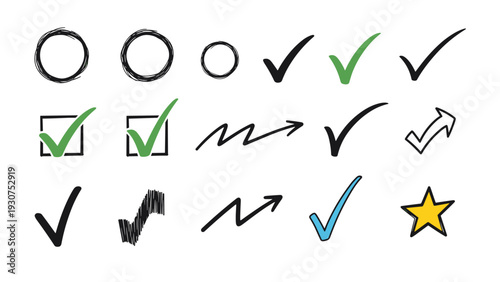 Variety of hand-drawn symbols such as checkmarks, squares, circles, arrows, and a star for emphasizing text or marking lists on a white background.