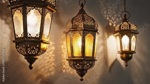 Decorative hanging antique brass Moroccan lanterns with intricate cutouts casting ornate shadows