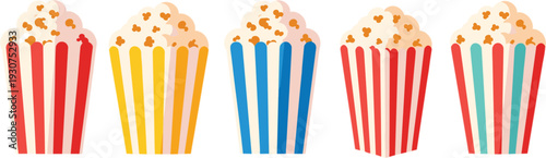 Colorful popcorn boxes collection with striped containers cinema snack food for movie night vector illustration set