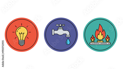 Set of circular utility icons showing electricity with a lightbulb, water with a faucet, and gas with a stove burner on colored backgrounds.