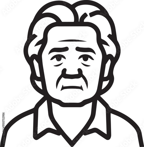 Old Woman Black and White Avatar Illustration in Minimal Line Art Style Design