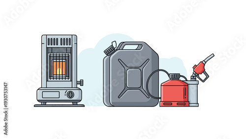 Heating equipment setup featuring a kerosene stove, a large plastic jerrycan, and a small metal fuel tank with a pump on a blue background.