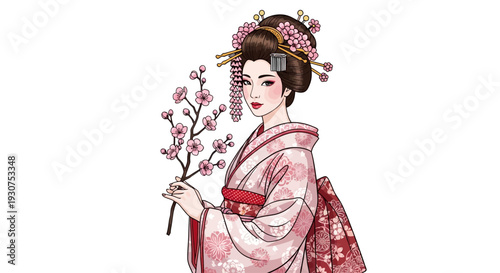 Elegant geisha in traditional pink kimono holding cherry blossoms