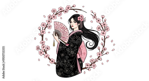 Elegant geisha with cherry blossoms and fan illustration