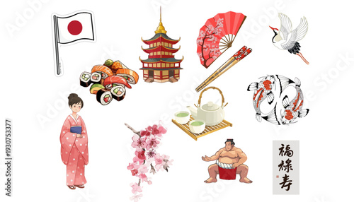 Vibrant Japanese culture symbols and icons in colorful illustration