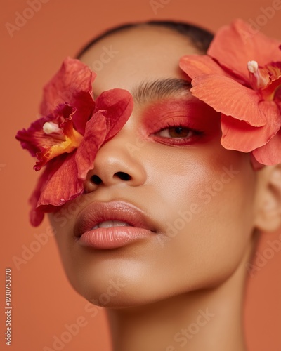 Close up beauty portrait of a woman with sculpted makeup and vibrant orange flowers covering her eyes against a warm orange background