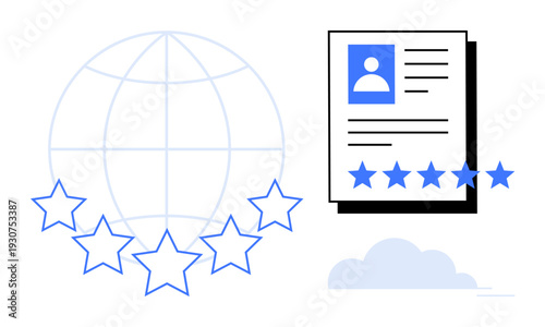 Globe with five stars and profile document review representing customer feedback, quality ratings, and online reputation management. Ideal for business, user reviews, digital marketing, branding