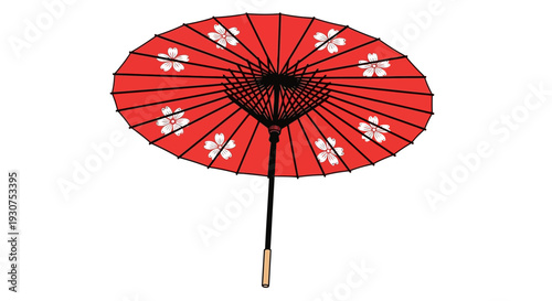 Vibrant red parasol with white floral pattern on elegant wooden handle
