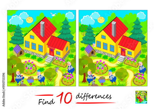 Find 10 differences. Drawing of a work in a spring garden with house. Logic puzzle game for children and adults. Page for kids brain teaser book. IQ test for smartest. Hand drawn vector illustration.