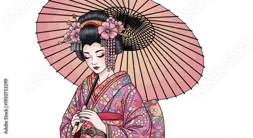 Elegant geisha in traditional kimono with pink umbrella